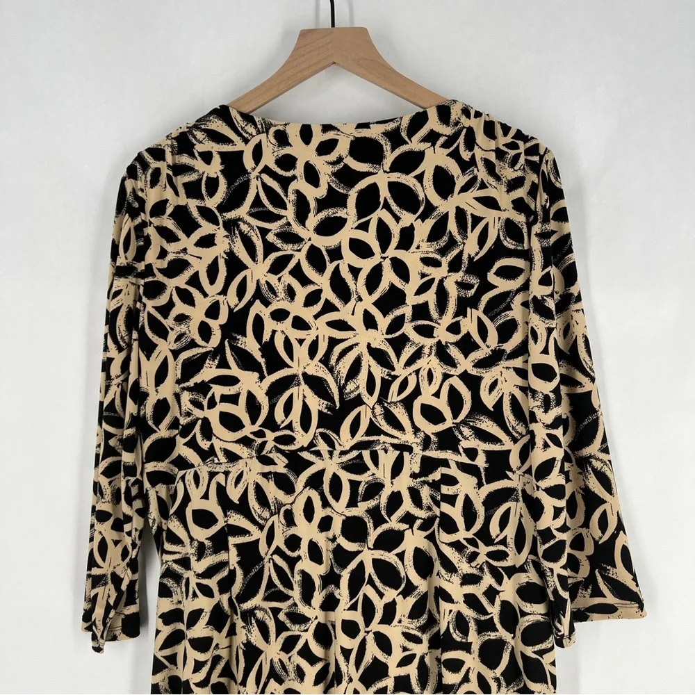 Ralph Lauren Black Tan Floral Stretch Jersey Knit 3/4 Sleeve Faux Wrap Dress 14W